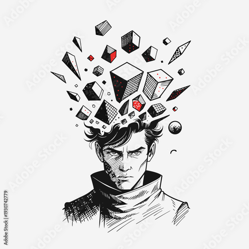 overthinking concept icon, person pulled by tangled thoughts, emotional mental stress illustration
