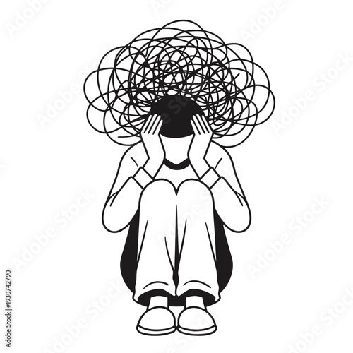 overthinking concept icon, person pulled by tangled thoughts, emotional mental stress illustration