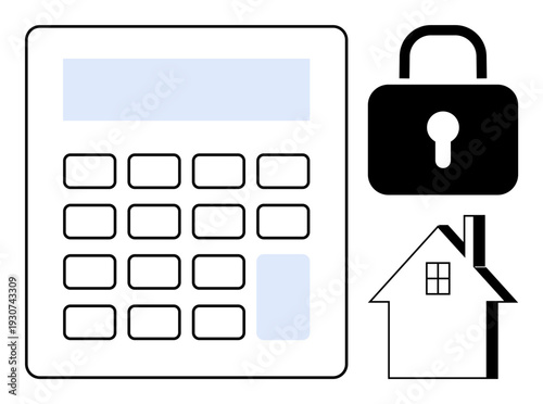 Financial planning, home security, real estate, mortgage calculation, investment, data safety. Diagram showing a calculator, padlock and house. Financial planning and home security concept