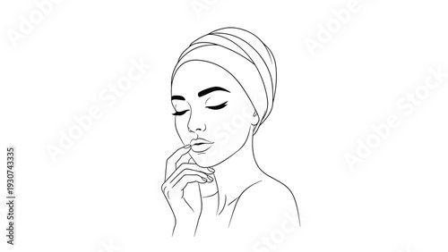 Elegant line art drawing of a young woman with a towel wrapped around her head posing with her hand to her chin in a spa or beauty setting.