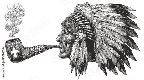 Black and white illustration featuring a Native American chief smoking a pipe and adorned with a feathered headdress