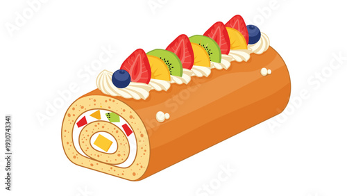 Mouth watering swiss roll cake decorated with whipped cream and fresh fruit slices including kiwi, strawberry, mango, and blueberries.