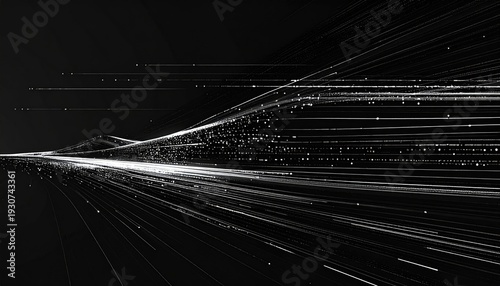 Abstract grayscale landscape made of glowing light streaks and dispersed dots flowing across a dark background