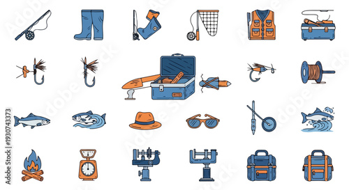 Fishing equipment and gear collection, colorful linear icons. Angling accessories, tools, and supplies for recreational sport and outdoor hobby.