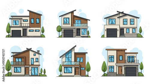 Set of six modern residential house designs showcases various architectural styles with wooden and glass elements.