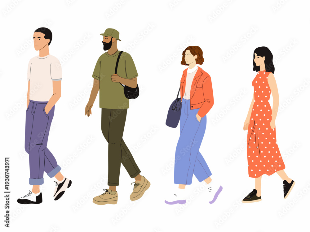 Obraz premium Four diverse individuals depicted in a simple flat illustration style walking in a row