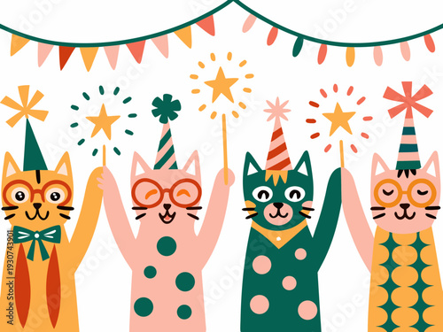 Festive cats celebrate a birthday with colorful decorations hats and sparkling fireworks