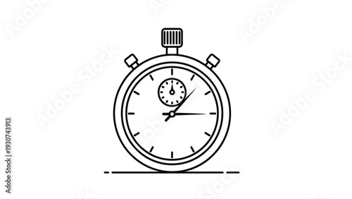 Minimalist black and white line drawing of a classic stopwatch timer is shown against a plain white background.
