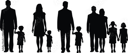 Family silhouettes showing parents children diverse groupings holding hands standing together representing love unity parenting lifestyle illustration design concept flat vector