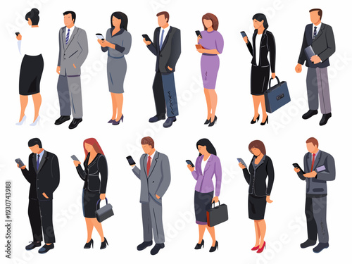 Vector illustration depicting diverse business professionals using smartphones in a formal setting