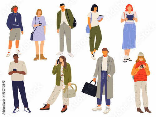 Diverse group of people standing and interacting illustrated in a flat modern style