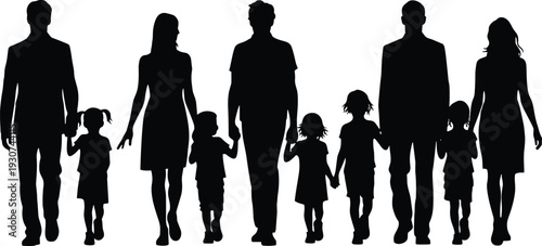 Family unity silhouette flat vector illustration showing parents holding children’s hands walking together, concept of caregiving, parenting, togetherness
