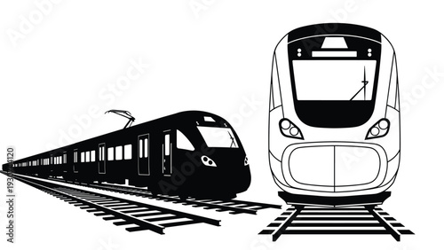 Silhouette illustration shows two modern high speed commuter trains on tracks from both profile and front views.