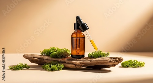 Wallpaper Mural A bottle of oil with a dropper on a wooden plate with moss Torontodigital.ca