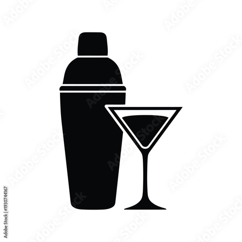 Cocktail Shaker and Martini Glass Vector Silhouette Icon for Bar and Drink Menu Design