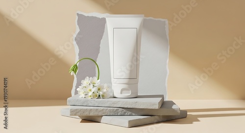 Wallpaper Mural A white tube of cream on a stack of white stone slabs with flowers Torontodigital.ca