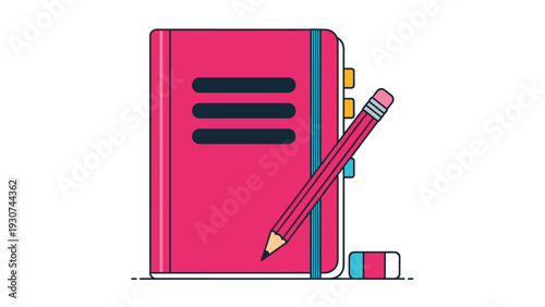 Vibrant pink hardcover notebook is paired with a matching pink pencil and a small eraser on a white background.