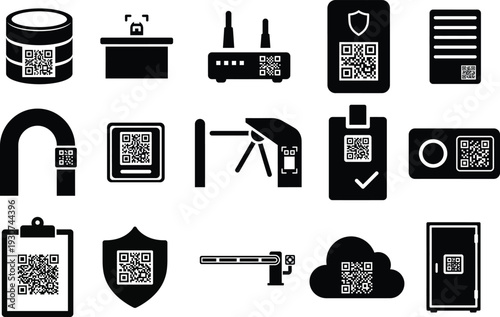 QR Code and Technology Icons Set – Digital Scan and Tech Line Vector Symbols