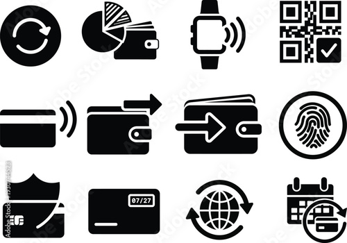 Digital Payment and Security Icons Set – Online Banking and Cyber Protection Line Vector Symbols