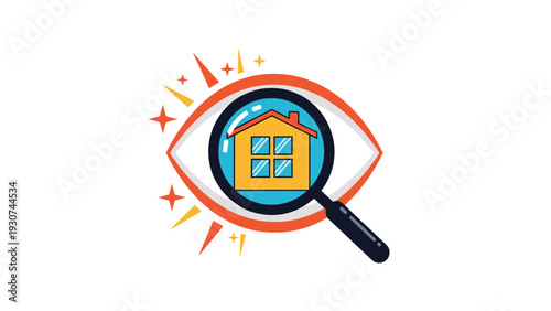 Magnifying glass is held over a large eye to inspect a small yellow house icon representing real estate search.