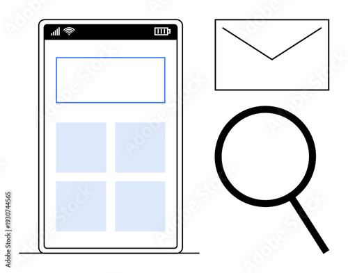 Smartphone screen displays a grid UI, an envelope for email, and a magnifying glass for search. Ideal for communication, connectivity, email handling, user interface, technology, search simple flat