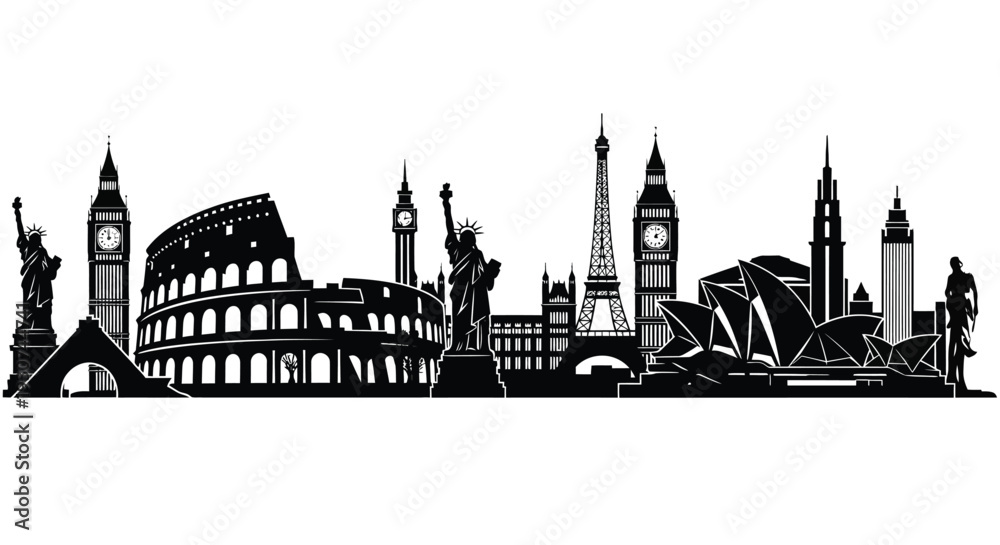 Fototapeta premium World Landmarks Skyline Silhouette with Eiffel Tower, Colosseum, Statue of Liberty, and Big Ben for Global Travel and Tourism Design