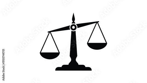 Classic balance scale silhouette is depicted in solid black to represent justice, law, or financial equilibrium.