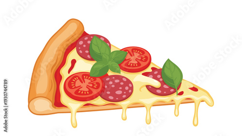 Single slice of hot pizza is topped with melted cheese, spicy pepperoni, fresh tomatoes, and green basil leaves.