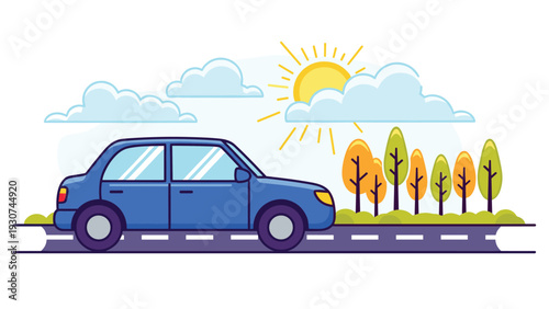 Blue passenger car drives along a rural road under a bright sun with clouds and autumn trees in the background.