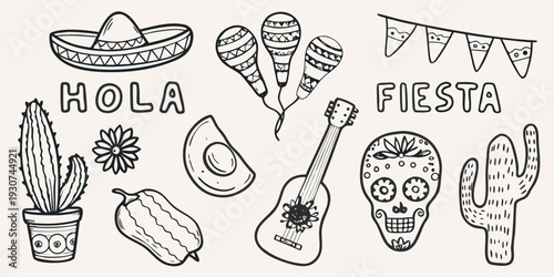 A whimsical sketch of traditional mexican fiesta elements and decorations