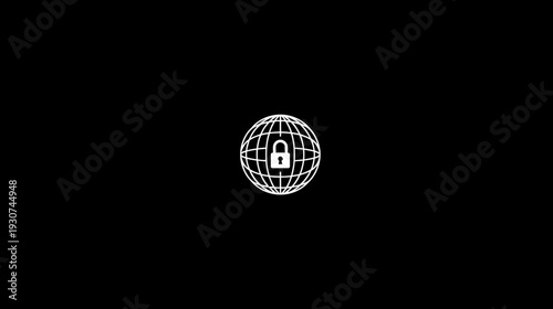 A white padlock graphic enclosed by a globe grid on a stark black background