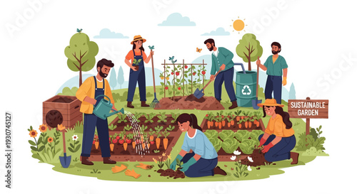 A diverse group of people working together in a vibrant, sustainable community garden, planting and watering vegetables under a sunny sky.