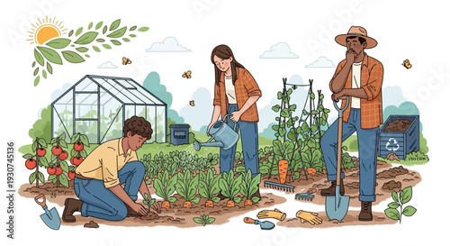 Diverse group of people working together in a vibrant community garden, tending to plants and vegetables under a sunny sky.