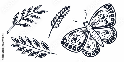 A delicate butterfly perched on a leaf surrounded by foliage and a single seed.