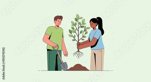 A man and a woman planting a small tree together in a garden, symbolizing environmental care and teamwork.
