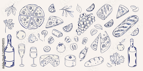A hand drawn collection of picnic foods and drinks in blue lines