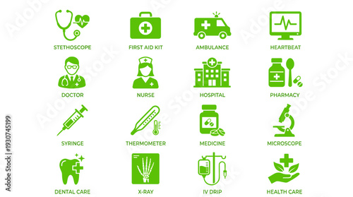 healthcare, medical, hospital, clinic, doctor, nurse, medicine, health, healthcare icon, medical icon, flat icon, icon set, medical set, healthcare set, medical symbols, first aid, stethoscope, syring