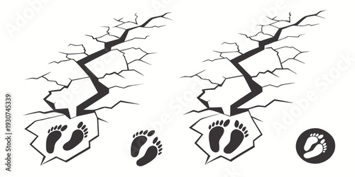 A pair of footprints escaping from a crack in the ground, with a padlock symbol.
