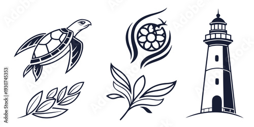 Marine life and nature illustrations with a lighthouse on a serene beach