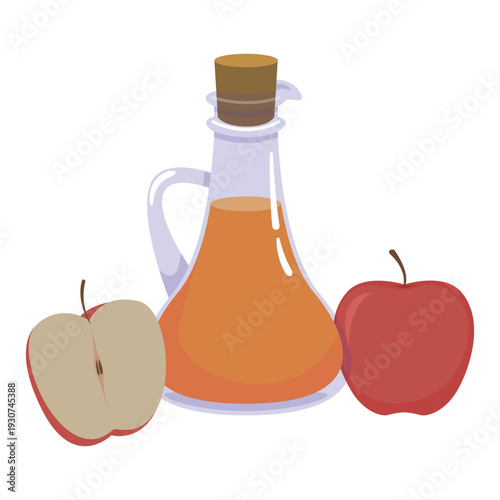Apple cider vinegar in glass cruet with apple decorations flat isolated illustration, Organic Apple Cider Vinegar Cruet with Apple Slices, Natural Apple Vinegar in Glass Decanter with Red Appels