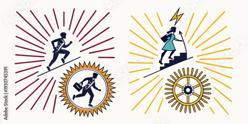 Two athletes in mid-air with starburst patterns behind them