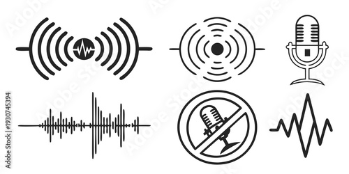 Various symbols representing sound, noise, and audio-related concepts