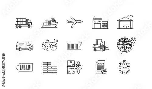 Modern logistics line icons set with shipping delivery freight and supply chain editable vector collection