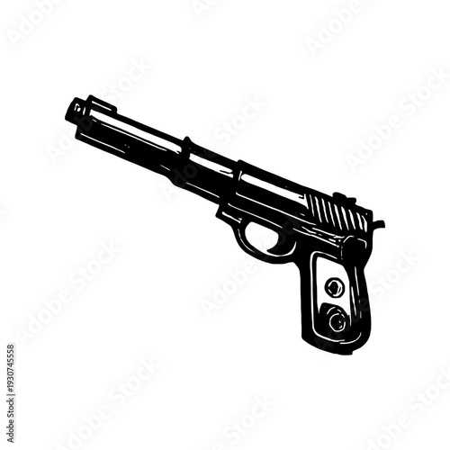 Gritty Hand Drawn Black And White Semi-Automatic Handgun Illustration