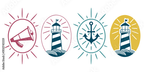 Four nautical icons representing maritime symbols and safety equipment