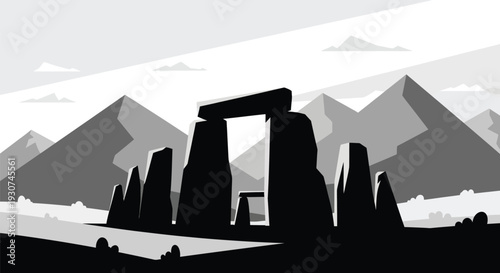 Vector illustration of Stonehenge monument in black silhouette with mountains background