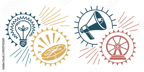 Creative icons representing ideas, announcements, food, and energy