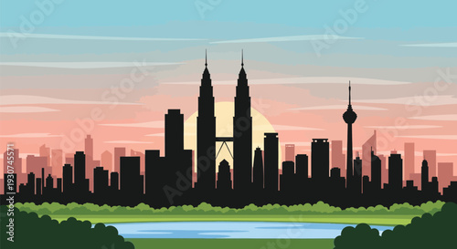 Vector illustration of Kuala Lumpur city skyline at sunset