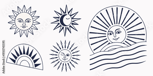 A collection of whimsical sun and moon illustrations with expressive faces