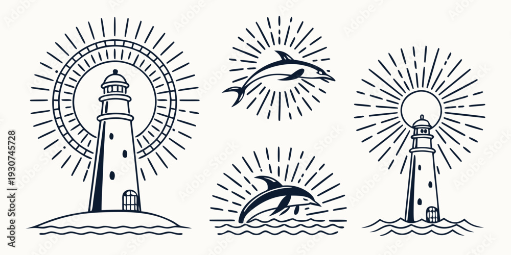 Fototapeta premium Illustration of a lighthouse and dolphins with sun rays in a circular pattern